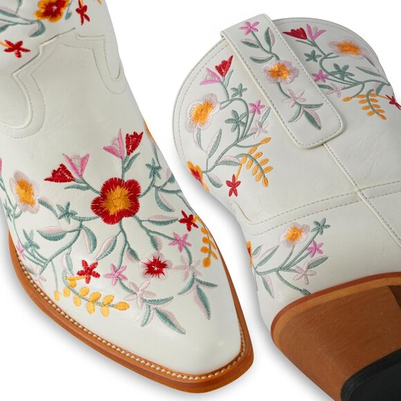 Women's White Ankle Cowgirl Boots Flower Embroidered Square Toe Chunky Heel - Picture 7 of 8